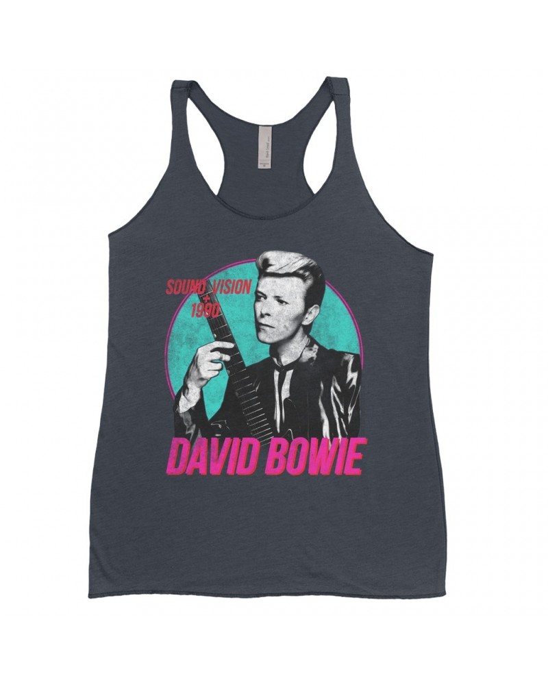 David Bowie Ladies' Tank Top | Sound + Vision 1990 Powerful Pink Design Distressed Shirt $13.90 Shirts