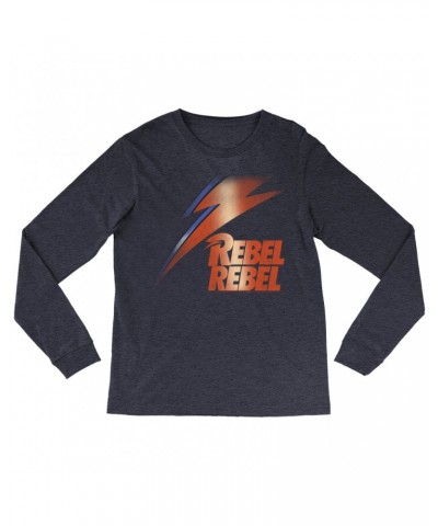 David Bowie Heather Long Sleeve Shirt | Rebel Rebel And Lightning Bolt Design Distressed Shirt $9.58 Shirts