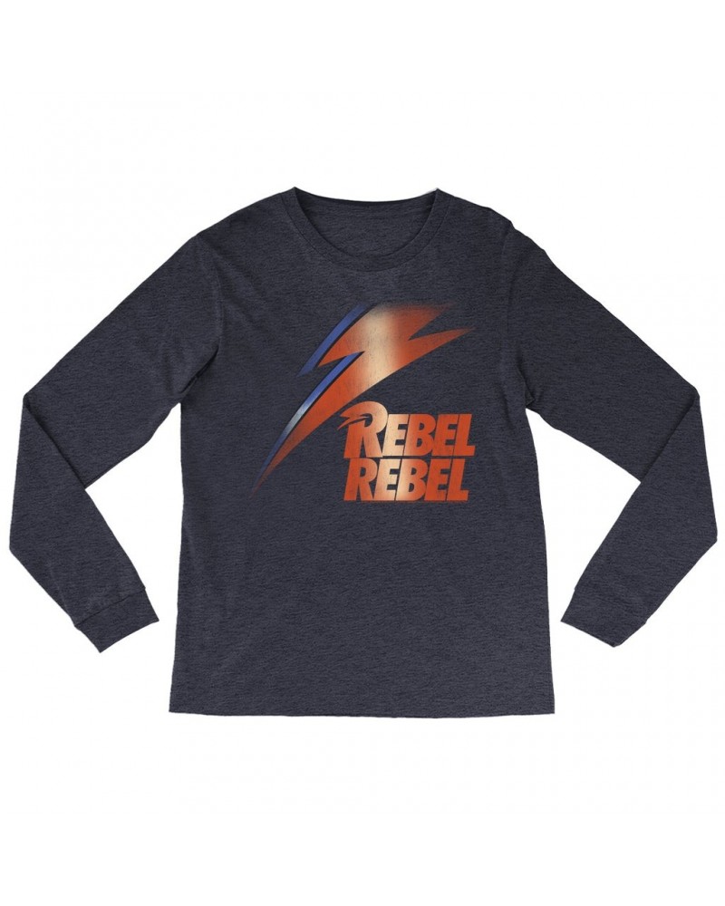 David Bowie Heather Long Sleeve Shirt | Rebel Rebel And Lightning Bolt Design Distressed Shirt $9.58 Shirts