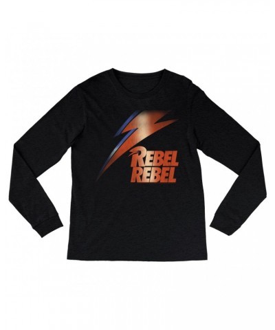 David Bowie Heather Long Sleeve Shirt | Rebel Rebel And Lightning Bolt Design Distressed Shirt $9.58 Shirts