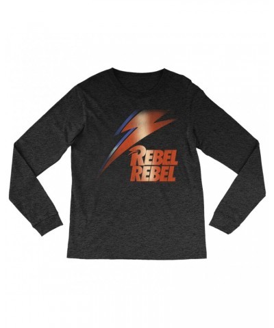 David Bowie Heather Long Sleeve Shirt | Rebel Rebel And Lightning Bolt Design Distressed Shirt $9.58 Shirts