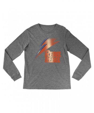 David Bowie Heather Long Sleeve Shirt | Rebel Rebel And Lightning Bolt Design Distressed Shirt $9.58 Shirts