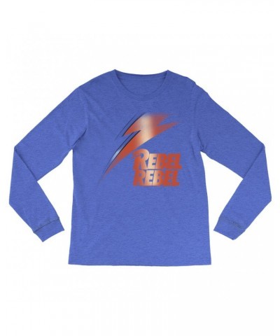 David Bowie Heather Long Sleeve Shirt | Rebel Rebel And Lightning Bolt Design Distressed Shirt $9.58 Shirts