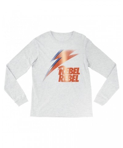 David Bowie Heather Long Sleeve Shirt | Rebel Rebel And Lightning Bolt Design Distressed Shirt $9.58 Shirts