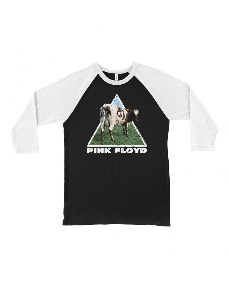 Pink Floyd 3/4 Sleeve Baseball Tee | Atom Heart Mother Cow Prism Design Distressed Shirt $9.58 Shirts