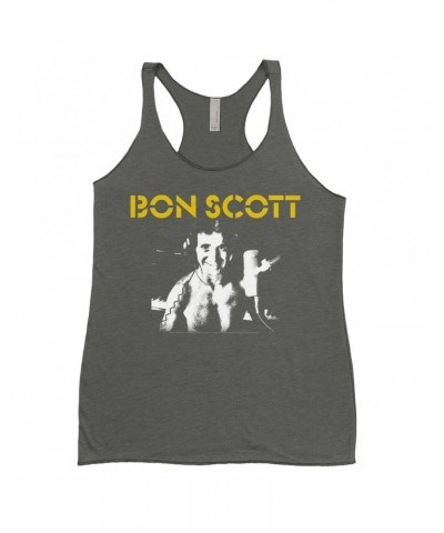 Bon Scott Ladies' Tank Top | Black And White With Yellow Stencil Logo Shirt $10.71 Shirts